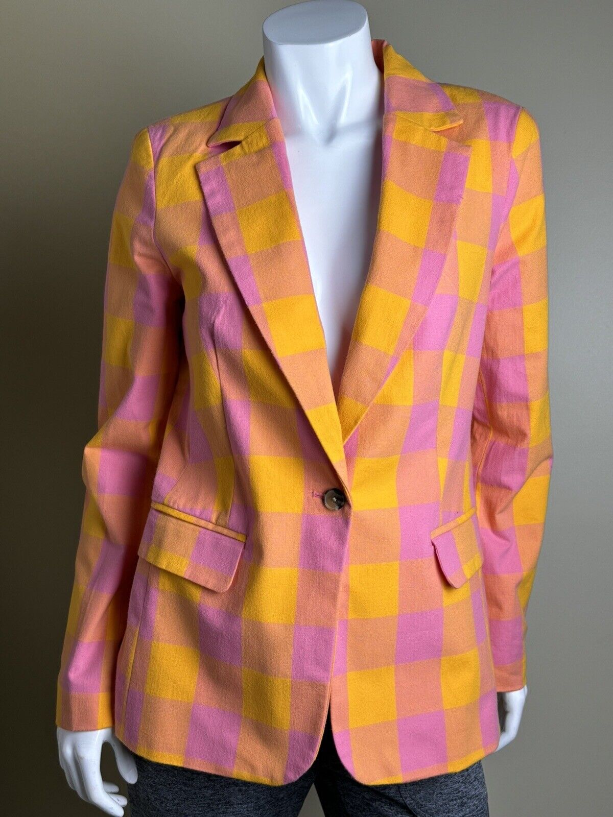 Free Assembly Women's Yellow with Pink Plaid Blazer Jacket Sz M.   (61)