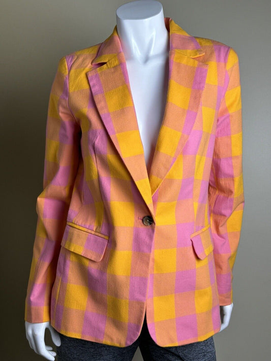 Free Assembly Women's Yellow with Pink Plaid Blazer Jacket Sz M.   (61)