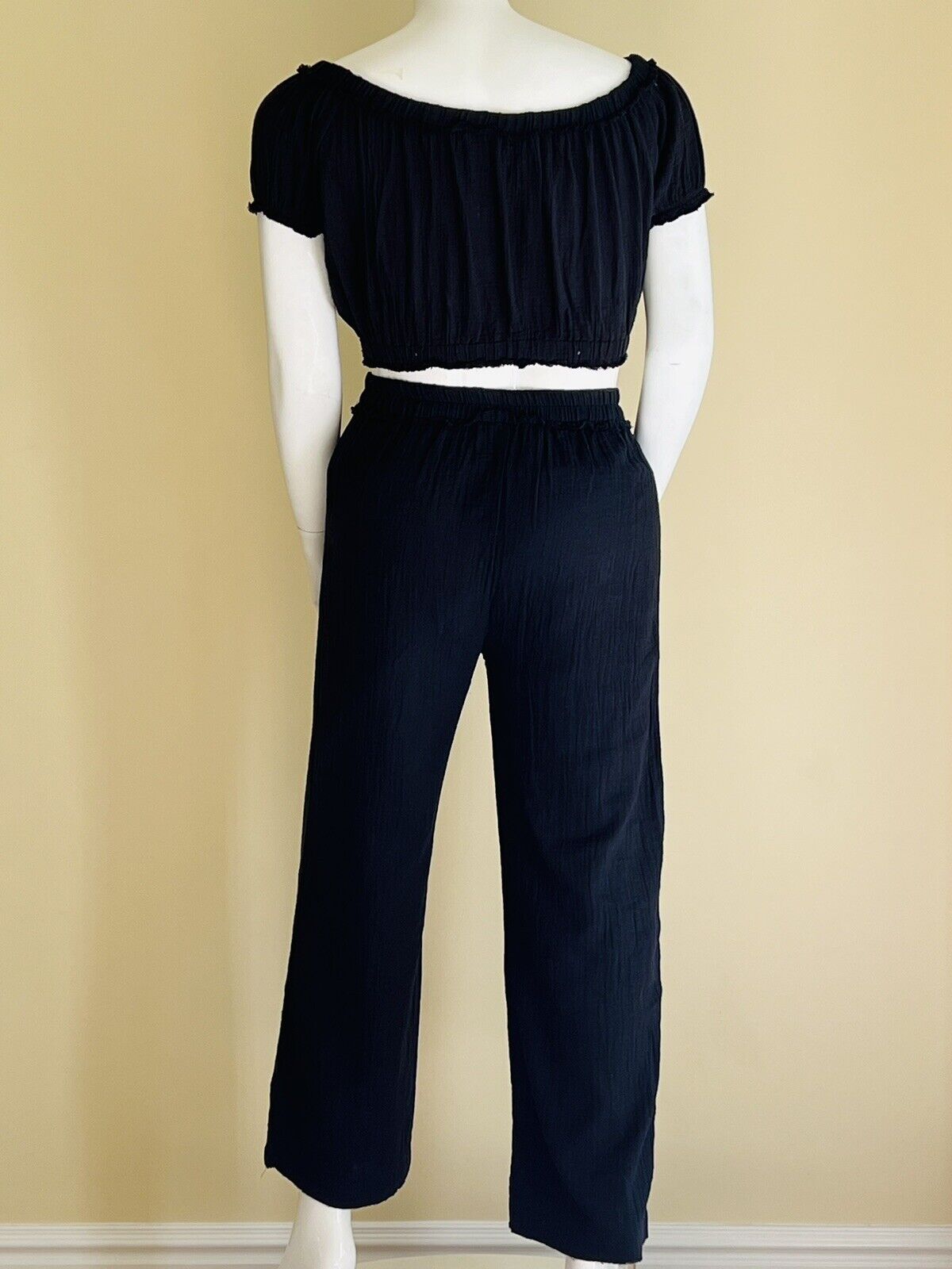 Salty Lemon Women’s 2Pc Set Gauze Crop Top Wide Leg Pants Sz XL Black (1)