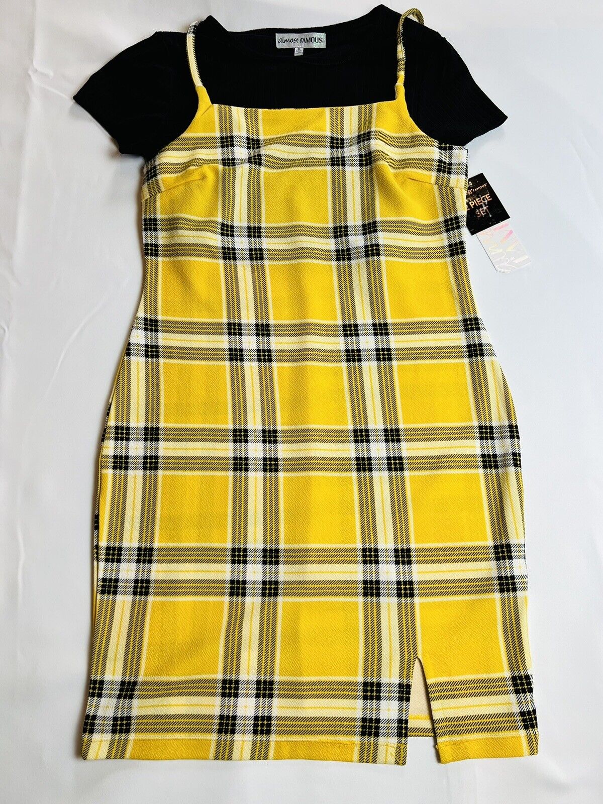 Almost famous Yellow Plaid 2 Pc Dress Black Top Set Size XL