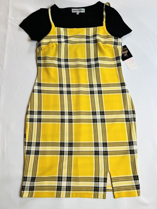 Almost famous Yellow Plaid 2 Pc Dress Black Top Set Size XL