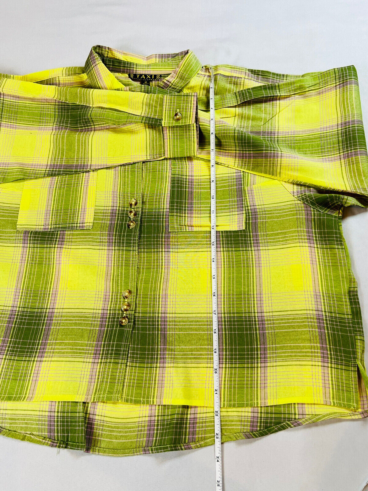 TAXI Women's Sz M Plaid Yellow Long Sleeve Crop Top Shirt