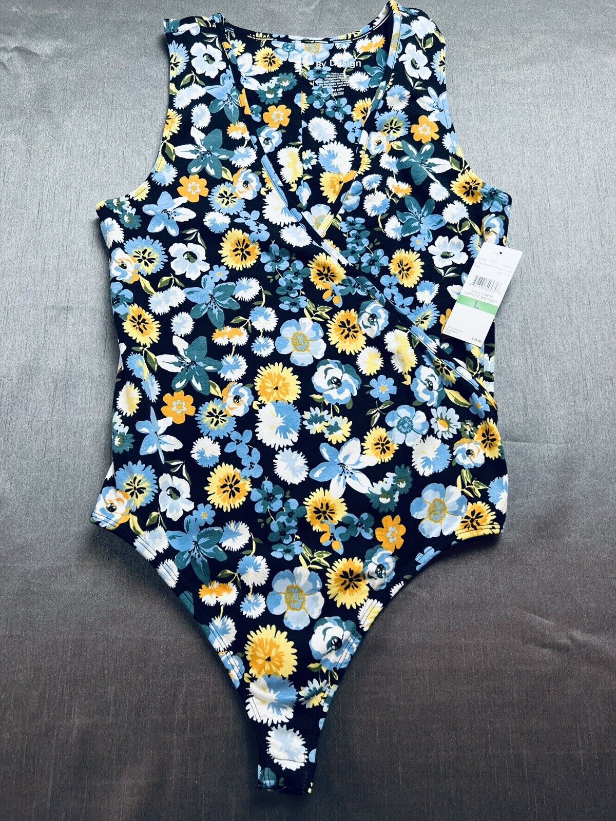 By Design Bodysuit Blue Floral Sleeveless Sz L