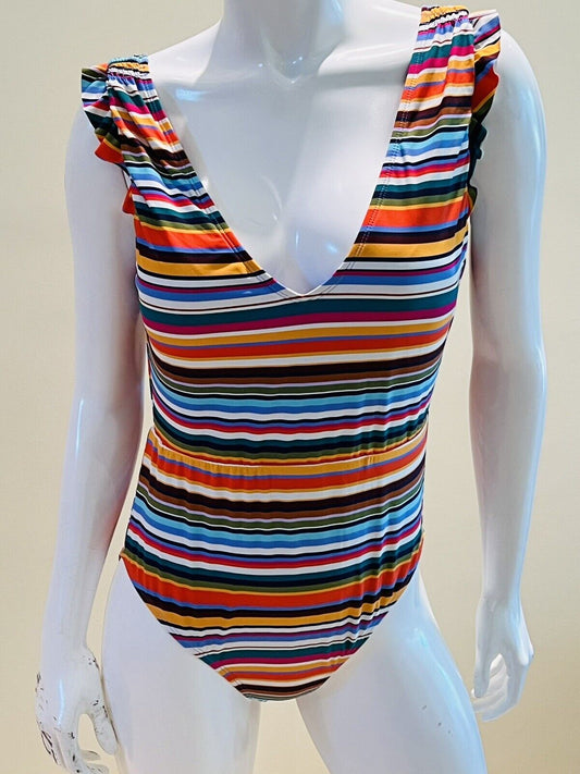 CATALINA Multi Color Striped Ruffle Arm V-Back One Piece Swimsuit Sz L