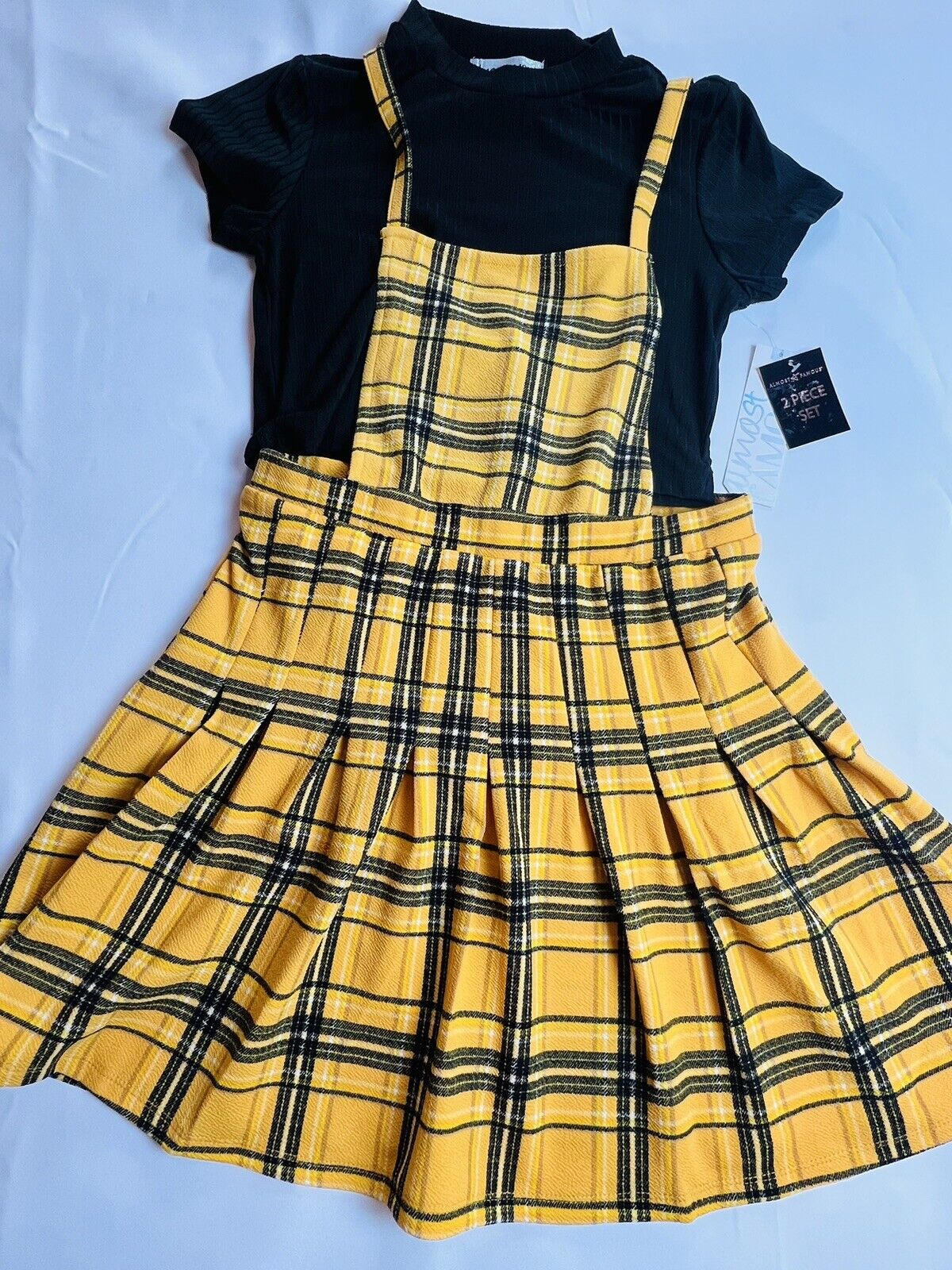 Almost famous Yellow Plaid 2 Pc Dress Black Top Set Size XL