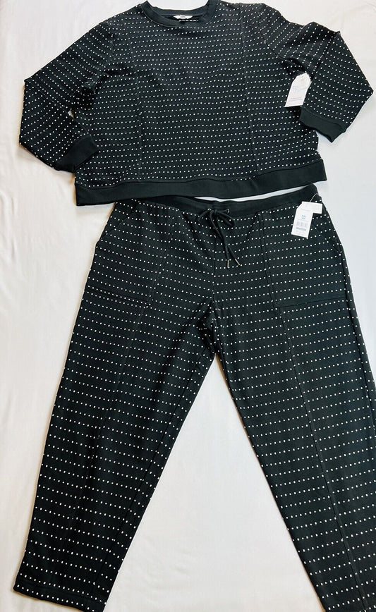 Time and Tru Women’s Black Sz 2XL 2pc Set Pant Top Black White Dots Sweater