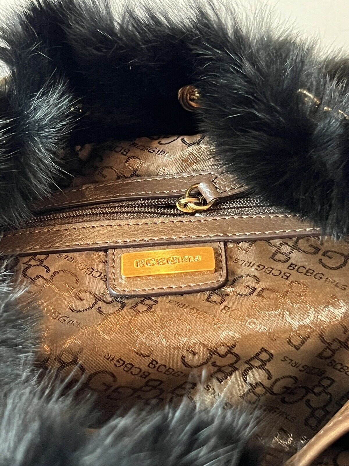 BCBGirls Women’s Handbag Purse  Black Faux Fur Fuzzy,Gold Chain