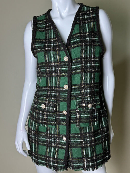 Spoon Jeans Green Plaid Pearl Button Vest Women’s Size L