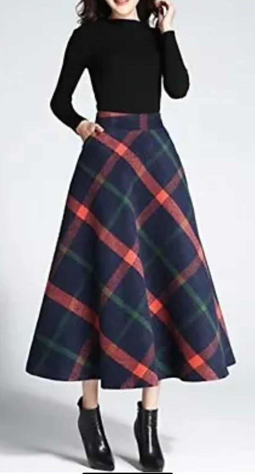 Tanming Elastic Waist Wool Plaid A-Line Pleated Long Skirt Sz S.       (52)