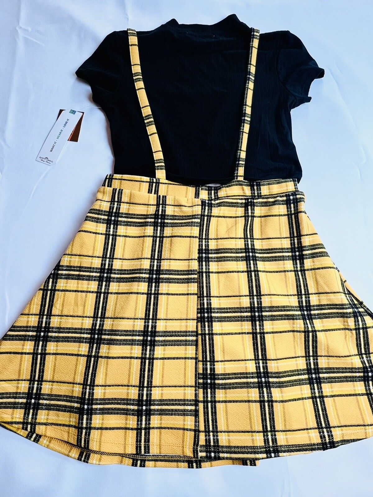 Almost famous Yellow Plaid 2 Pc Dress Black Top Set Size XL