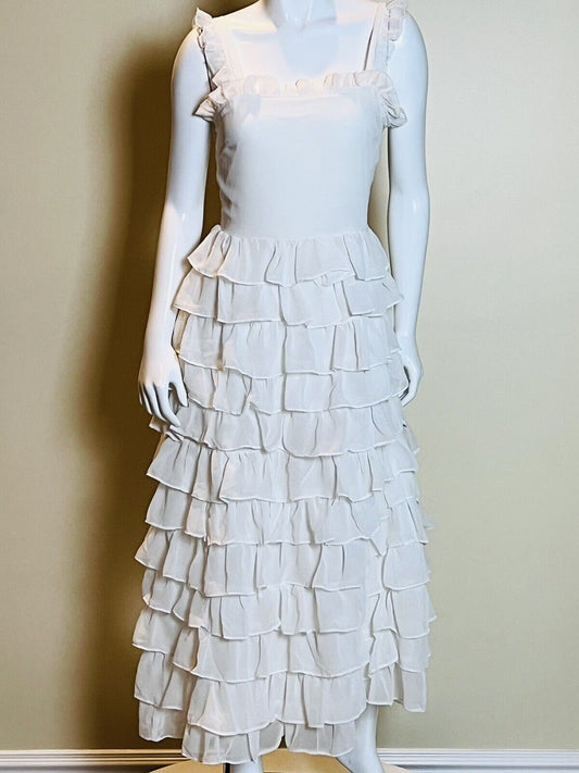 Kings Road Women’s Ruffled Formal Evening Dress Gown Sz L White