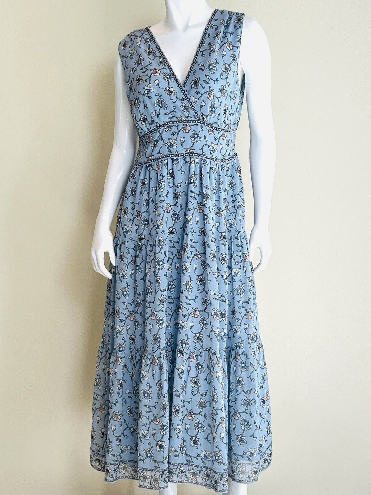 Max Studio Women’s Midi Dress Sz L V-Neck Floral Blue