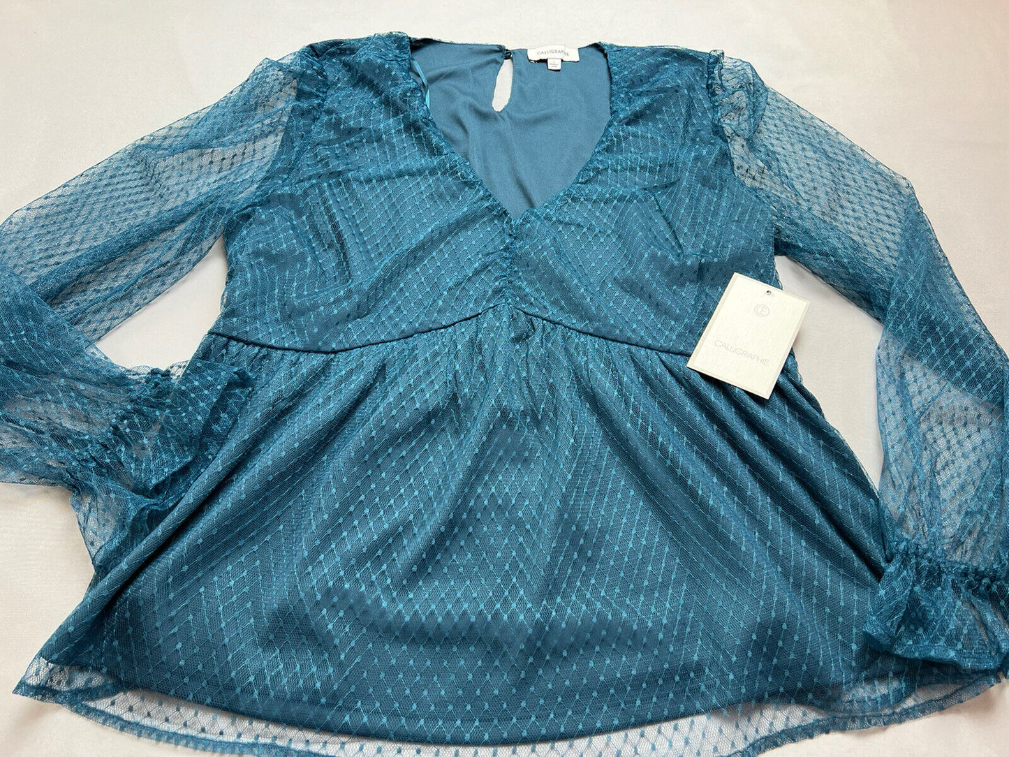 CALLIGRAPHIE Women’s Blue Mesh Lace Overlay Empire Waist Blouse Top Sz L