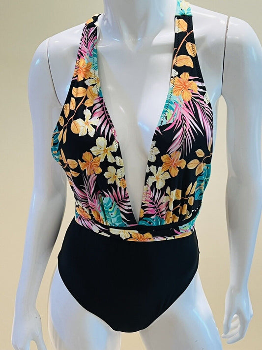 Cupshe One Piece Swimsuit Sz M Black tropical print