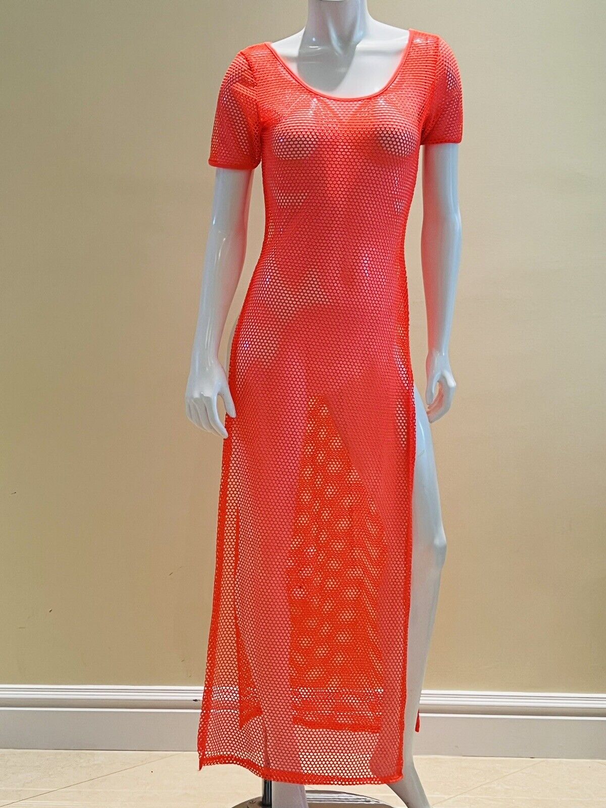 Cotton Candy Women’s Mesh dress fishnet Sz M Neon Orange