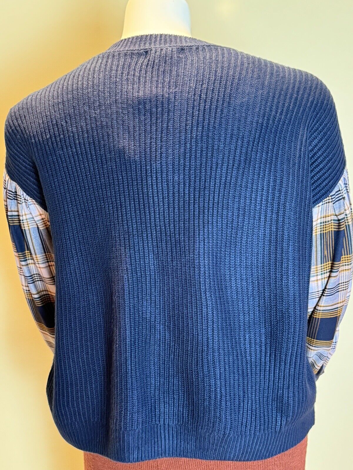 Jessica Simpson Women's Navy Sweater Plaid Sleeves Size L