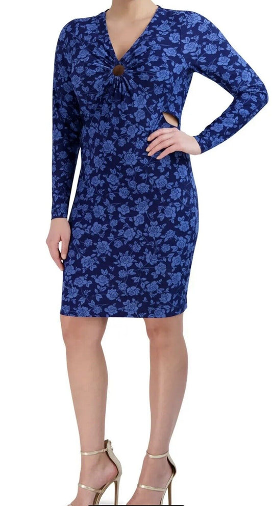 BCBG Paris Women's Ring Dress Blue Flowers w/Long Sleeves Size M (8-10) (#1)