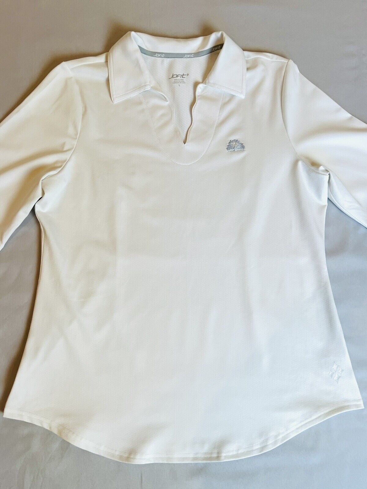 JOFIT WOMEN'S WHITE SCALLOPED V NECK GOLF SHIRT SZ L