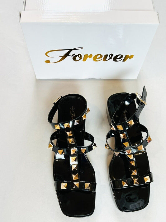 Forever Sandals Black and gold studded Sz 9 hook and loop closure