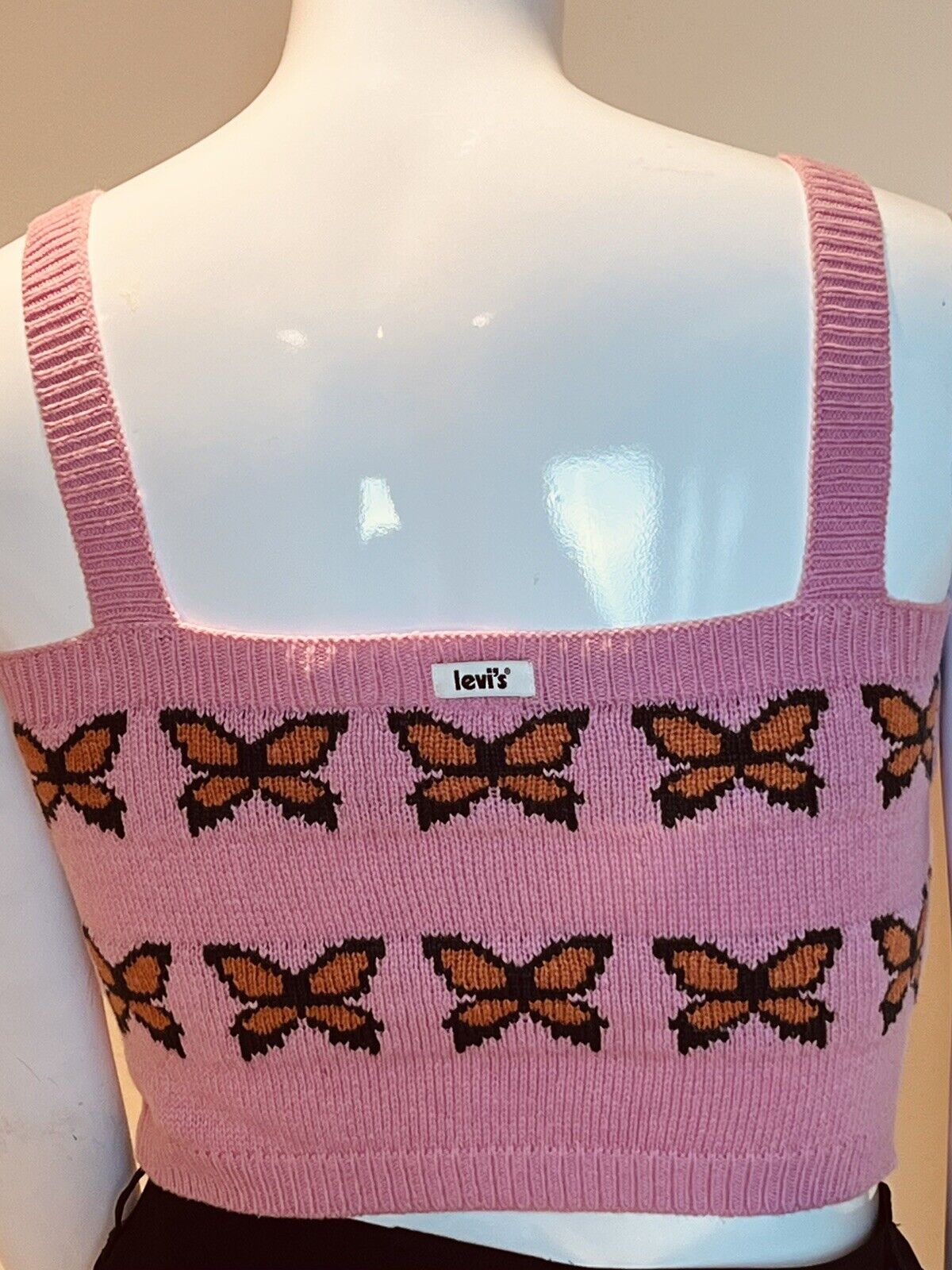 Levi’s Pink Butterflies Knit Crop Sweater Tank Womens Sz L