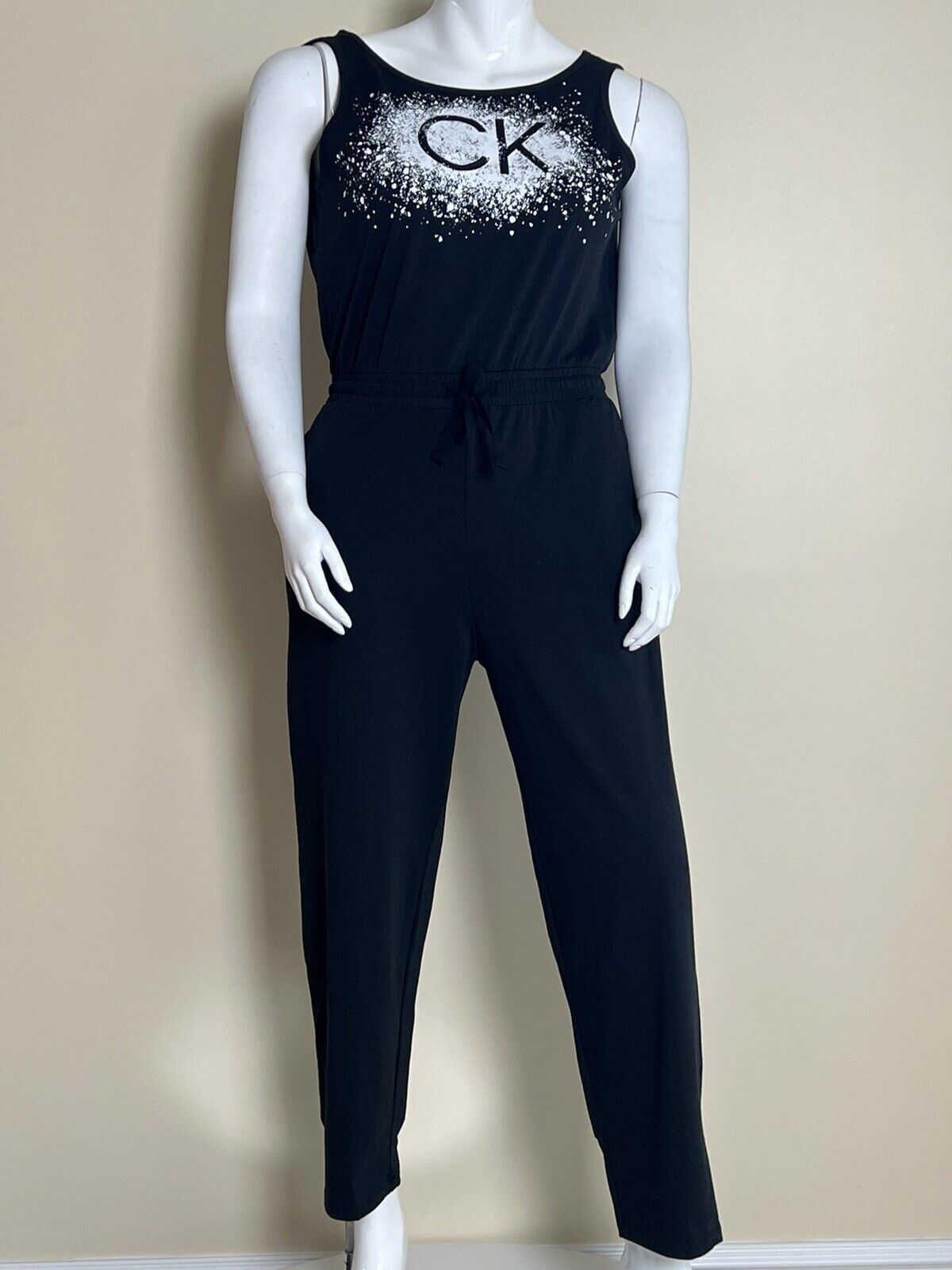 Calvin Klein Women's Black Sleeveless Jumpsuit Size Large LOGO MSRP $99 (#1)