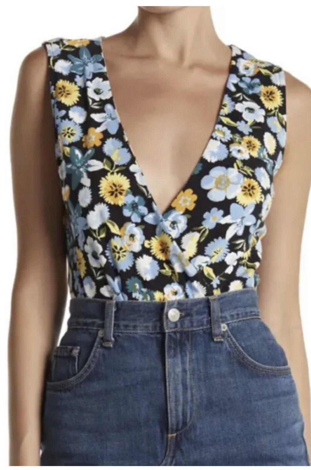 By Design Bodysuit Blue Floral Sleeveless Sz L