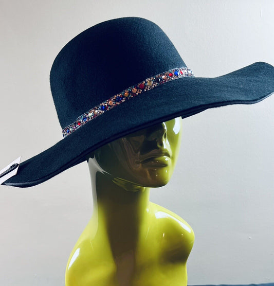 ORCHID LOVE Wide Brim Hat Women’s Rhinestones Decor Floppy Cap Black