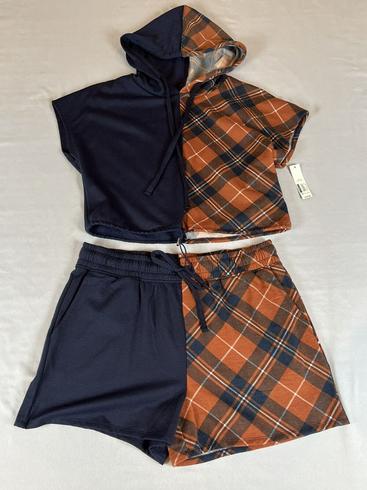 No Boundaries Women’s Plaid Navy Hoodie Top,Shorts Sz XXL 2Pc set