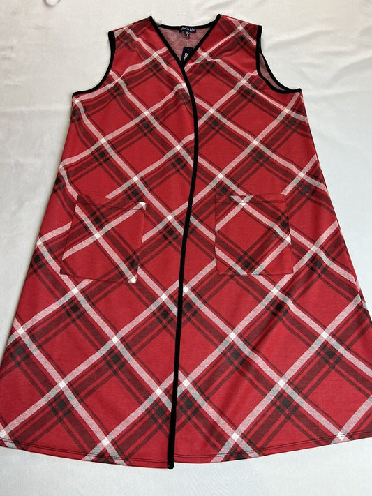 Olivia Blu Long Plaid Open Front Red Vest Sz XL