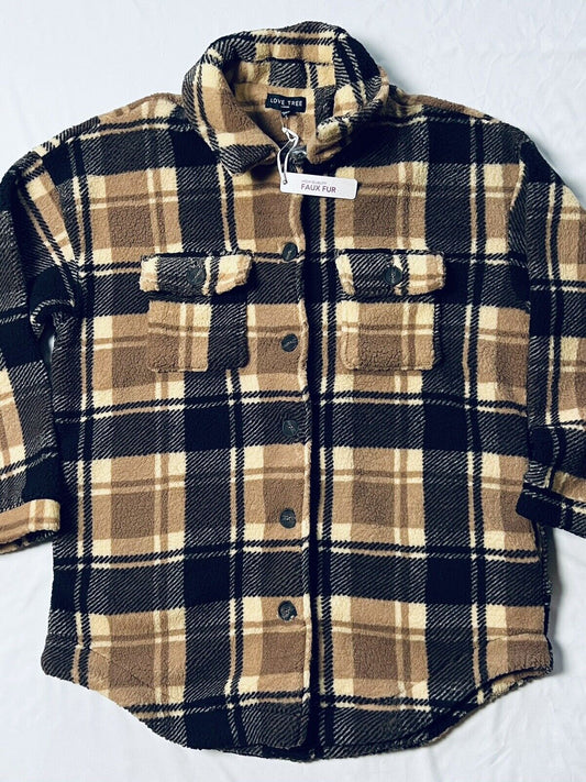 Love Tree Women's Plaid Jacket Faux Fur Sz L