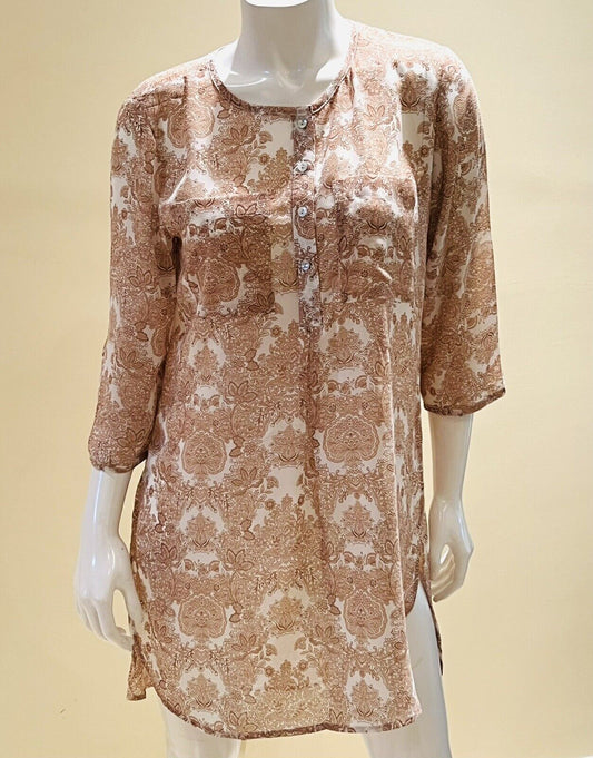 Figueroa & Flower Blouse Sz L Tan Beige Floral Mix Print 3/4 Sleeve Peasant Top