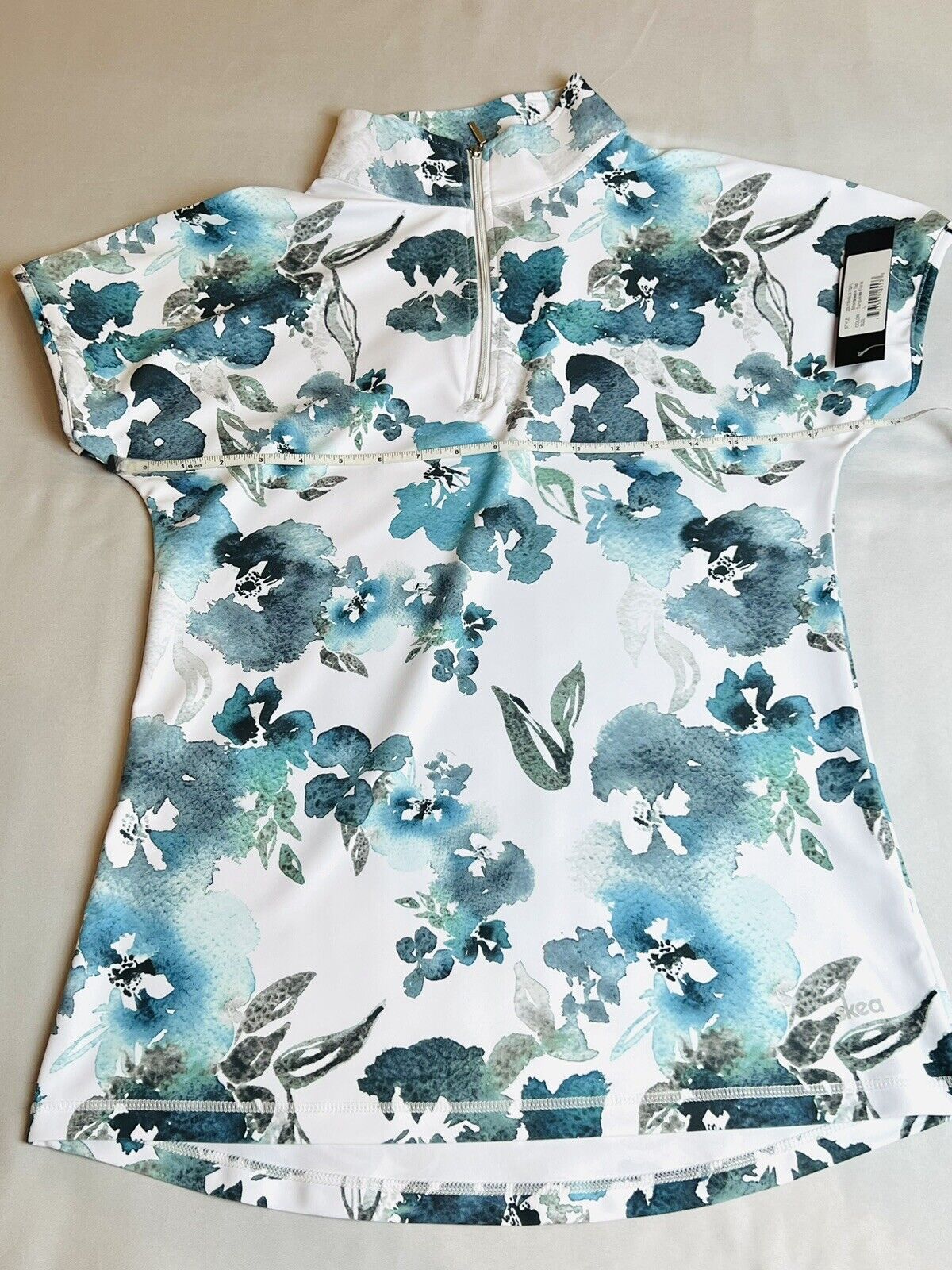 Skea Women’s White with Blue Floral Pullover Shirt Blouse Sz L