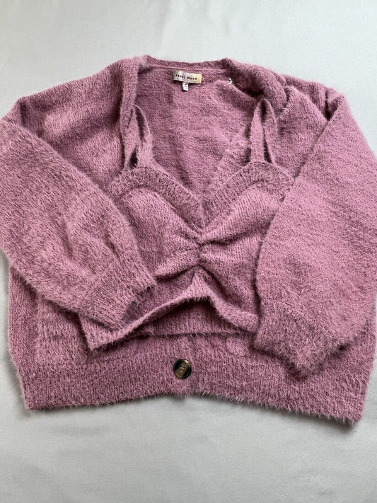 Hazel Moon Women’s 2pc Set Crop Top Cardigan Fuzzy Pink Sweater Sz M