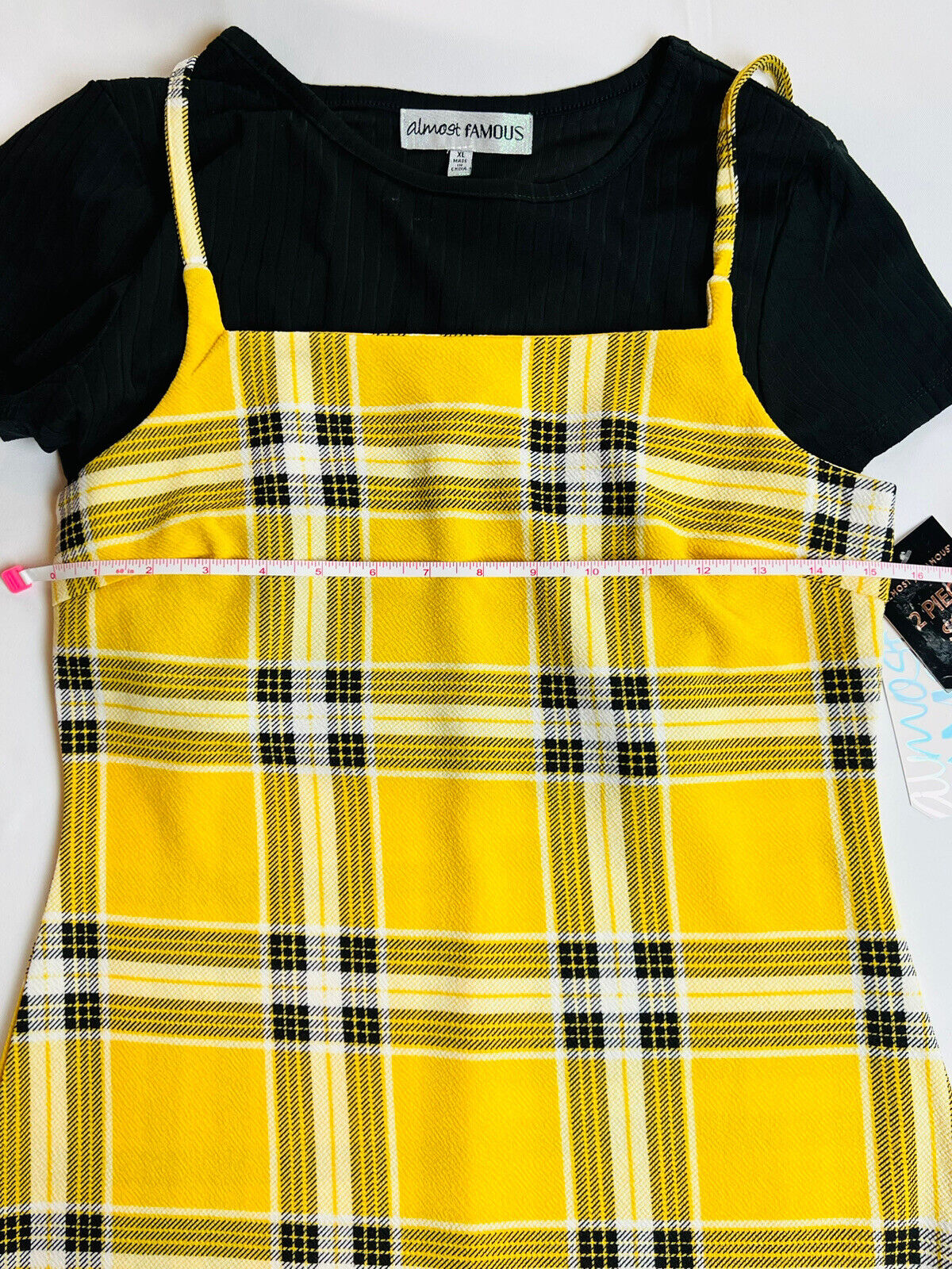 Almost famous Yellow Plaid 2 Pc Dress Black Top Set Size XL