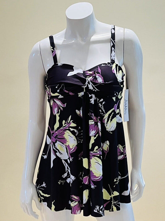 Nicole Miller One Pc Swimsuit Black Floral Sz S swim dress bathing suit