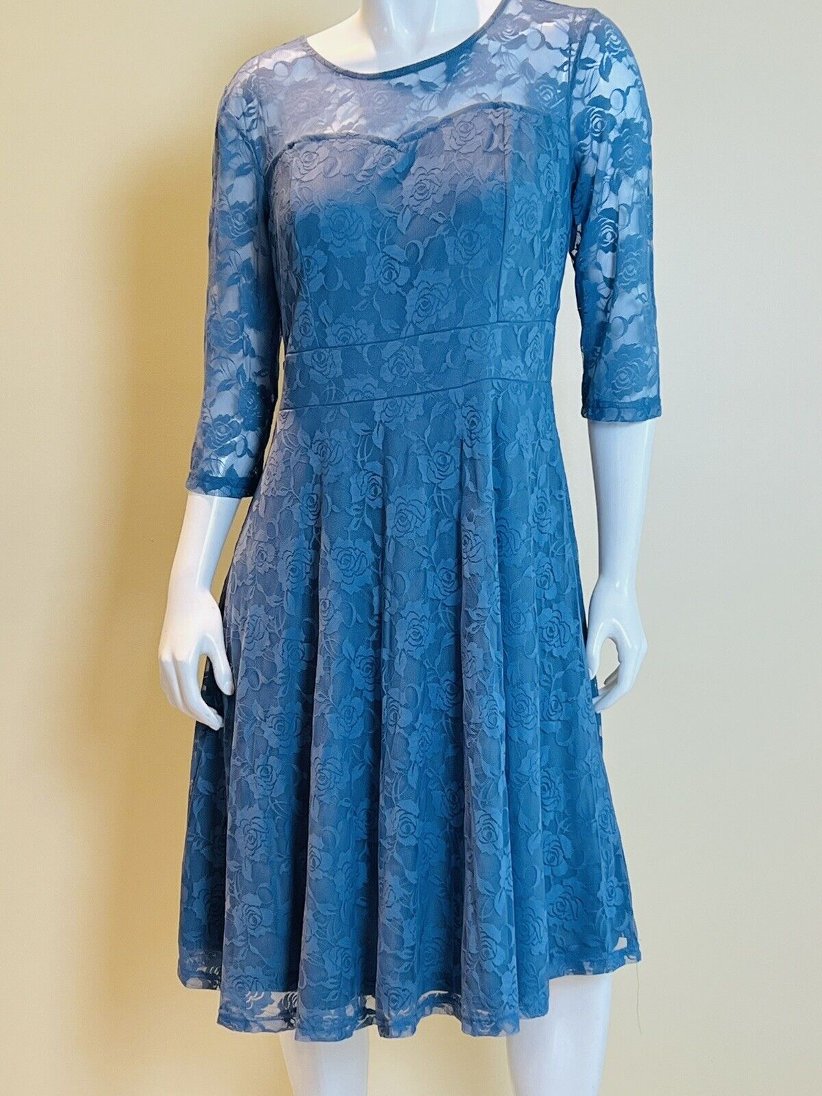 JASAMBAC Women's 3/4 Sleeve Lace Midi Dress Sz L Blue