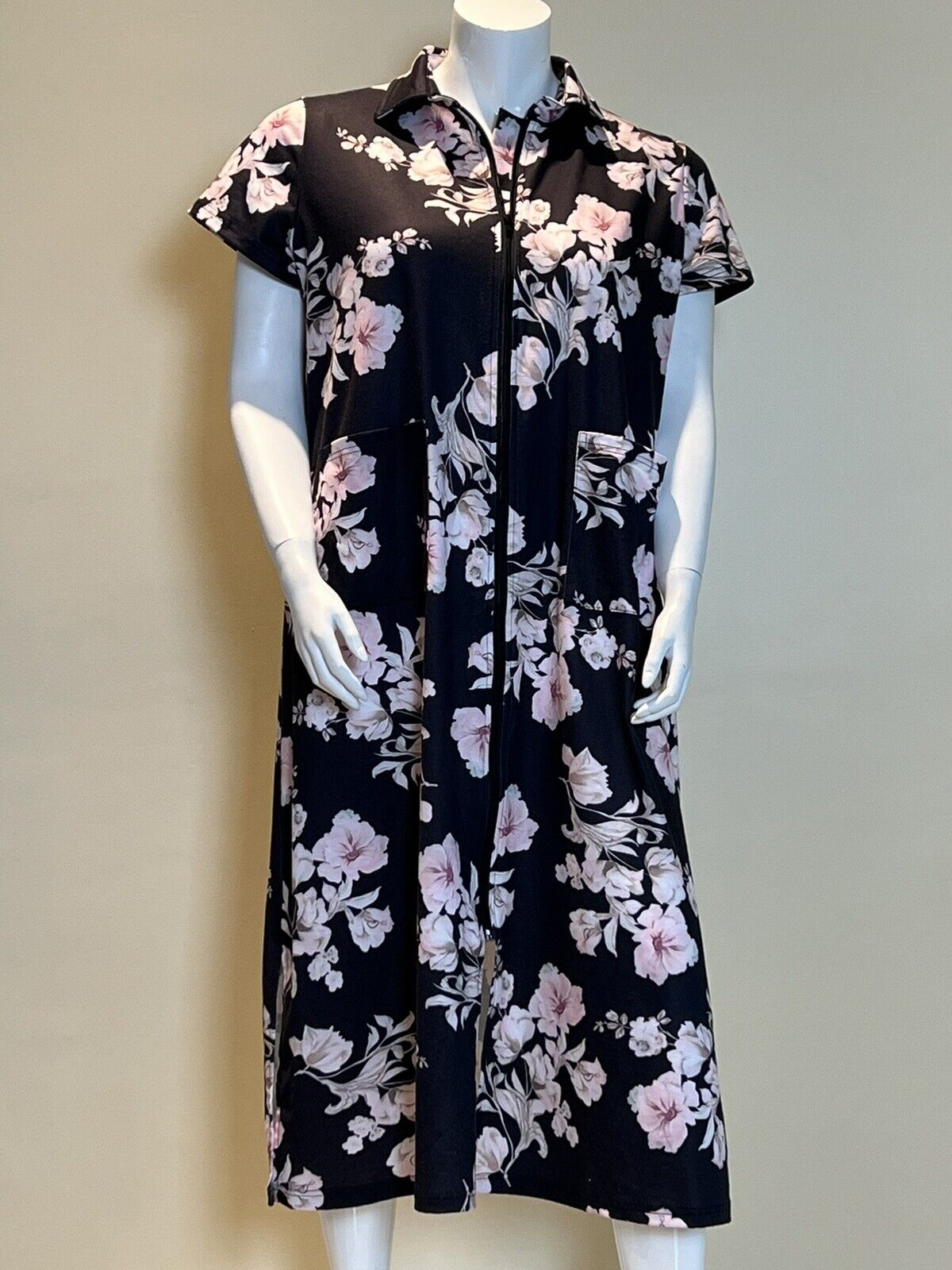 EKOUAER Pink  Floral Dress Front Pockets Full Zipper Sz XL Black  (7)