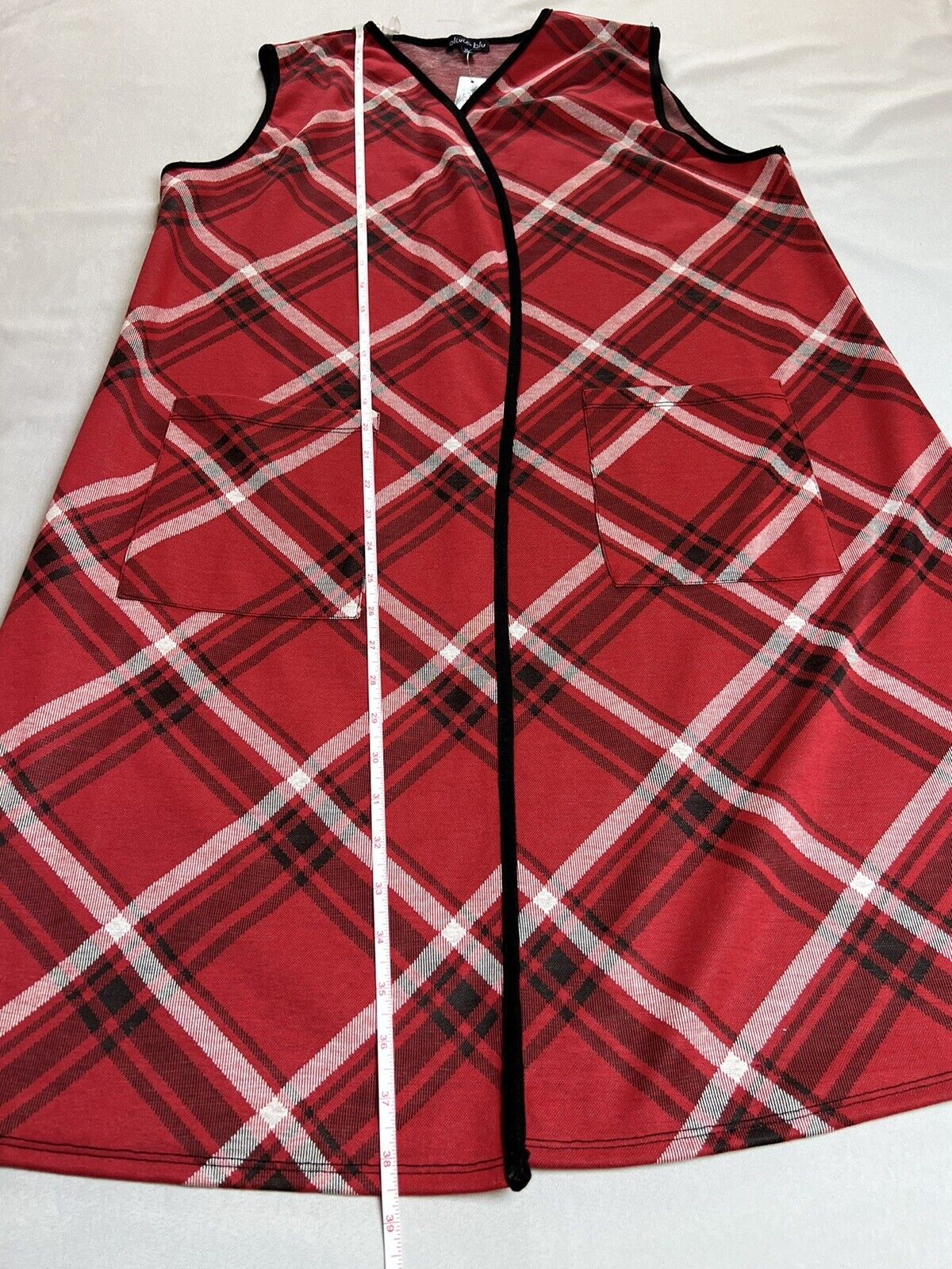 Olivia Blu Long Plaid Open Front Red Vest Sz XL